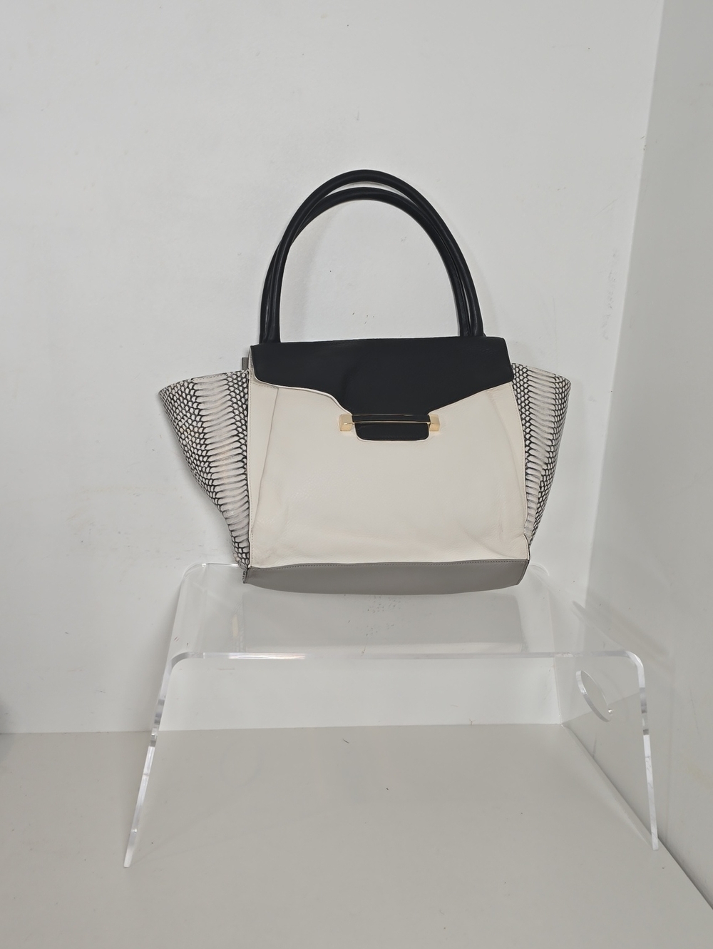 Vince Camuto Black, Cream and Gray Structured Tote with Snake-Print Sides